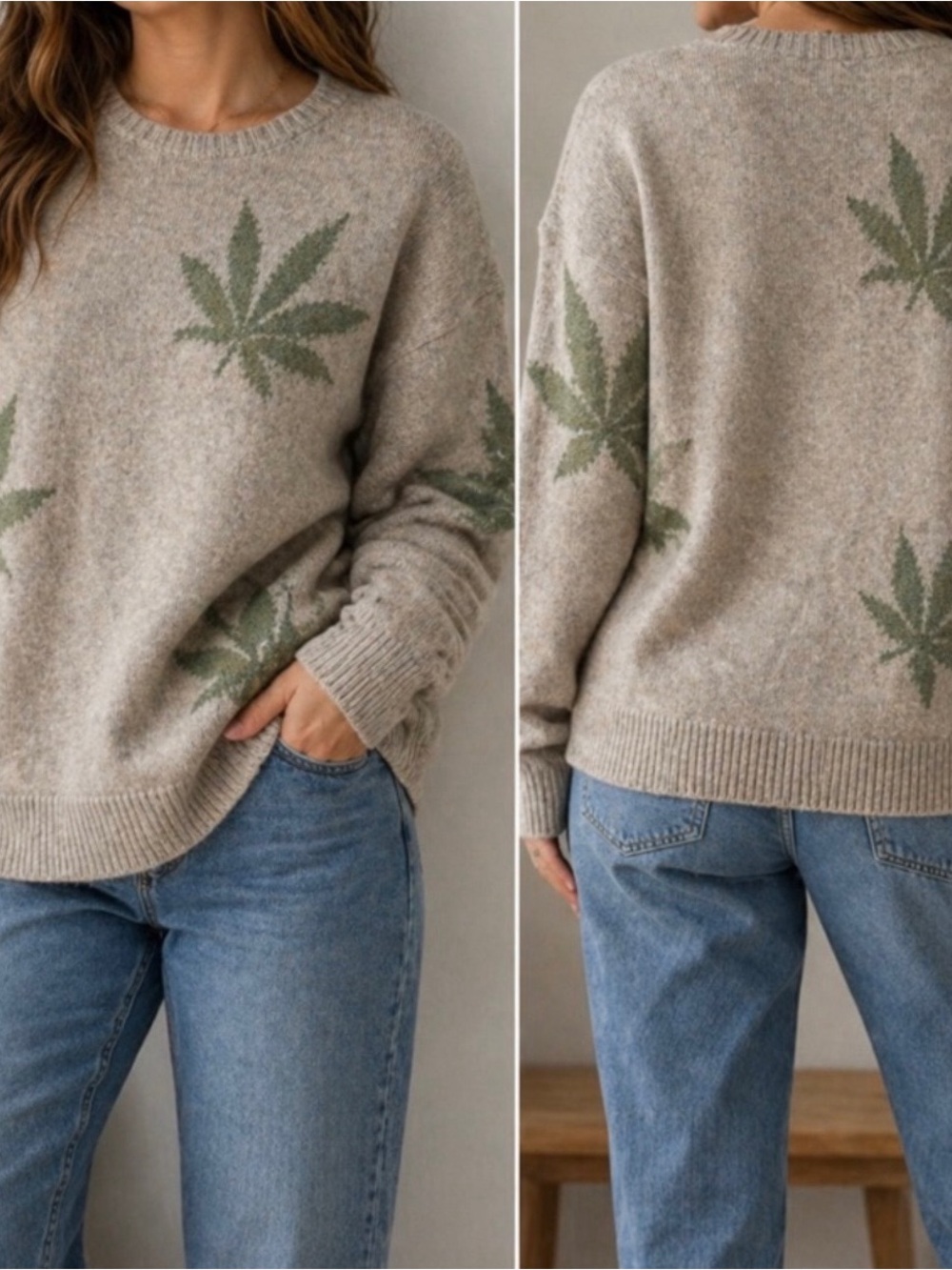 Neutral Beige Crewneck Sweater with Green Leaf Motif